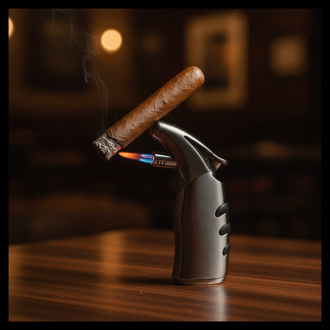 A premium cigar being toasted over the blue flame of a gunmetal triple-torch lighter on a dark walnut table in a warm cigar lounge, showing how to light a cigar.
