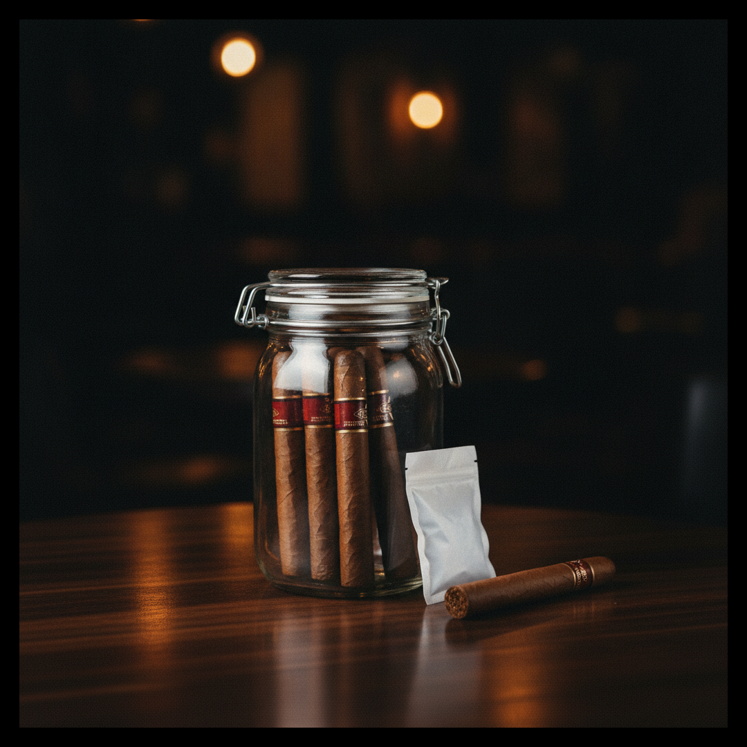 Premium cigars stored upright in a sealed airtight glass jar with a humidity control pouch beside it on a dark walnut table, showing how to store cigars without a humidor.