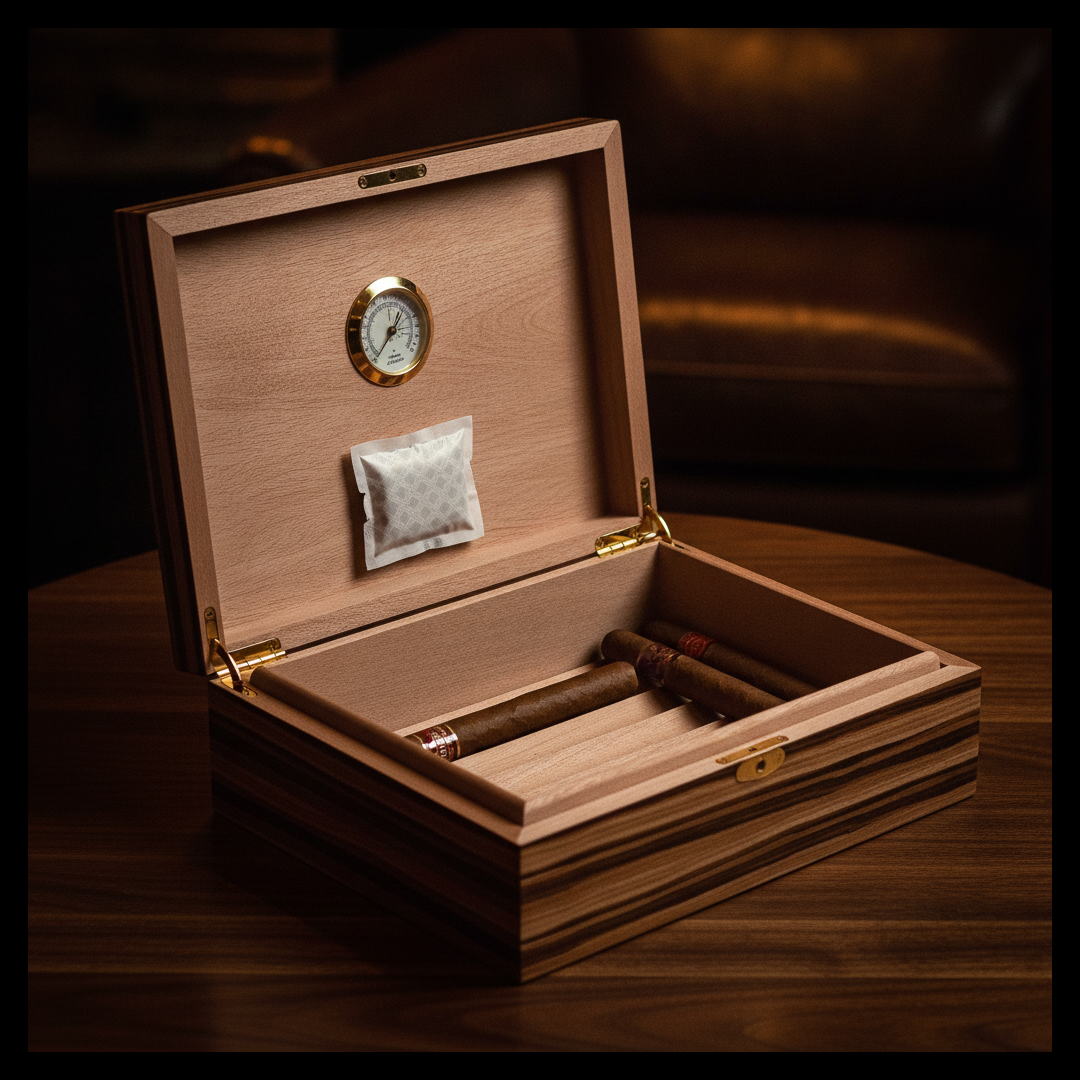 An open cedar-lined cigar humidor being seasoned, with a round hygrometer and a humidity control pouch inside on a dark walnut table in a warm cigar lounge.