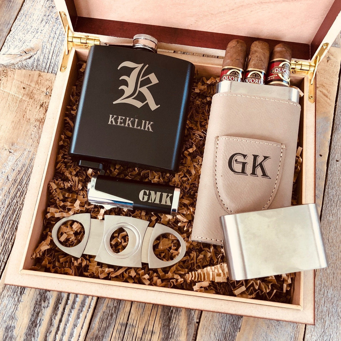 Midnight Smoker personalized cigar gift set with humidor, torch lighter, and cutter, a complete beginner starter kit