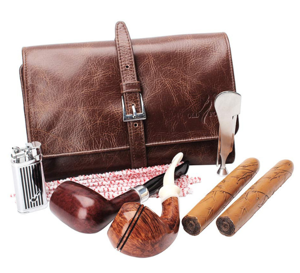 Twelve personalized leather cigar cases from Groovy Cigars, engraved travel cases and fold-out holders in brown and black leather for protecting cigars on the go