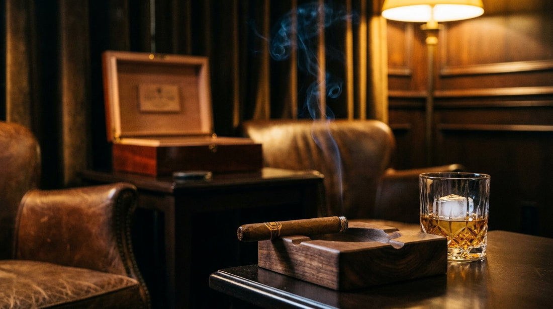 A lit premium cigar resting on a walnut ashtray beside a glass of amber whiskey and an open humidor in a dark wood-paneled cigar lounge, the best cigar gifts for men.