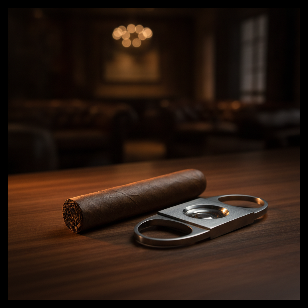 Premium hand-rolled cigar beside a stainless steel double-guillotine cutter on dark walnut in a warm cigar lounge, showing how to cut a cigar.