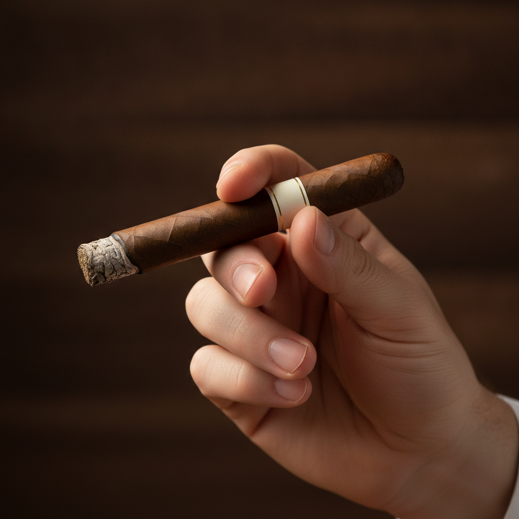 Close up of a hand holding a lit cigar correctly, resting between the thumb and the side of the index finger with a relaxed grip in a warm dark cigar lounge