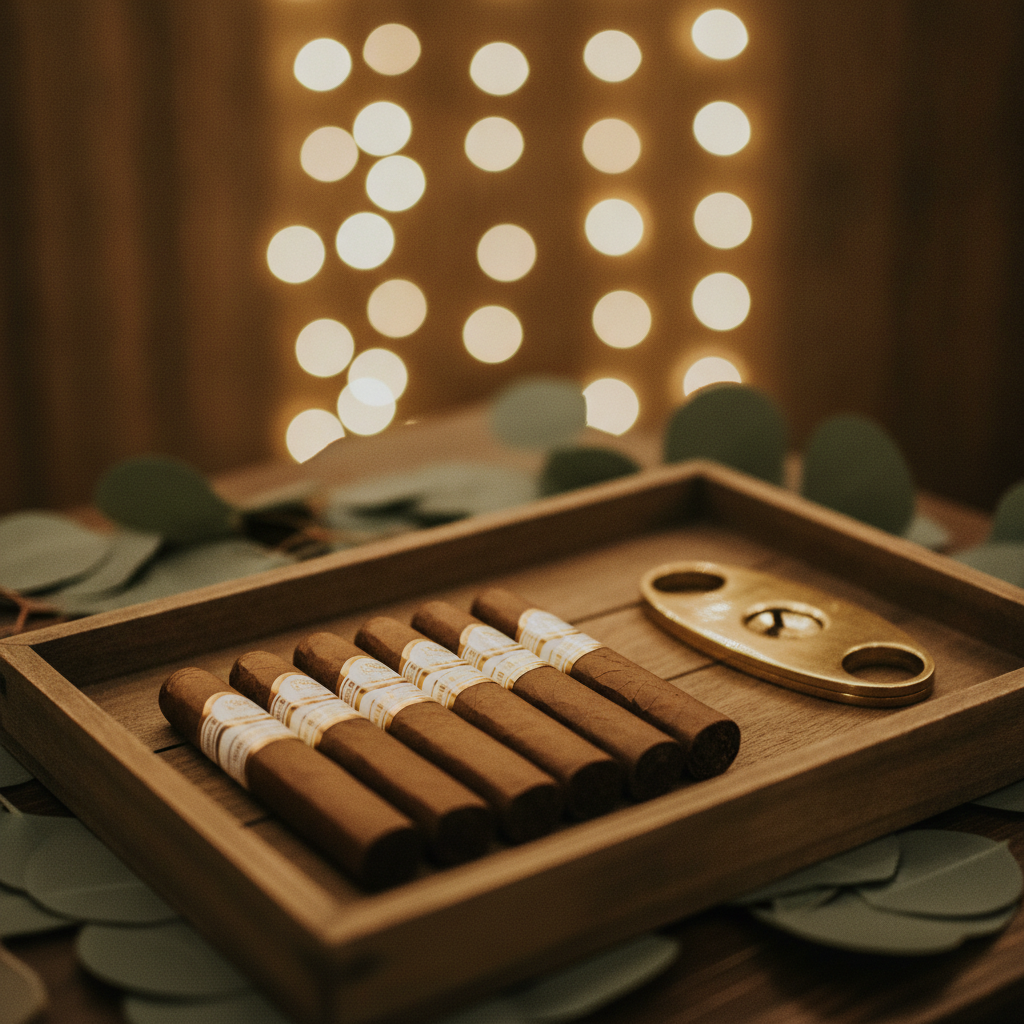 Wedding reception cigar bar with a wooden tray of banded cigars, a brass cigar cutter, greenery, and warm string lights from Groovy Cigars