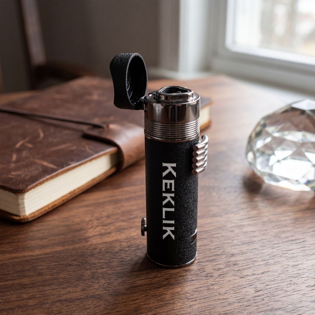 Black torch lighter with textured finish and engraved "KEKLIK" branding, displayed on wooden desk beside leather journal and crystal glass