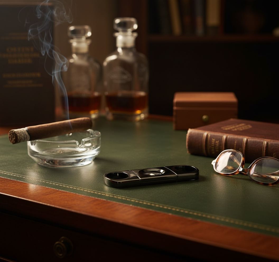 Gun metal double-blade guillotine cutter resting in a clear glass ashtray on a green felt desk surface, surrounded by whiskey bottles, eyeglasses, and a leather-bound book.