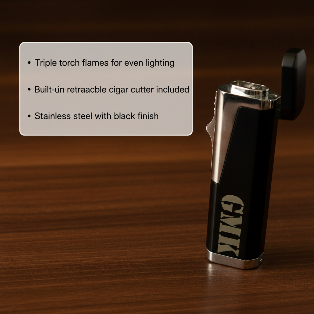 Black stainless steel triple torch lighter with built-in retractable cigar cutter, personalized with sample engraving on front panel, shown on wooden surface with feature callout