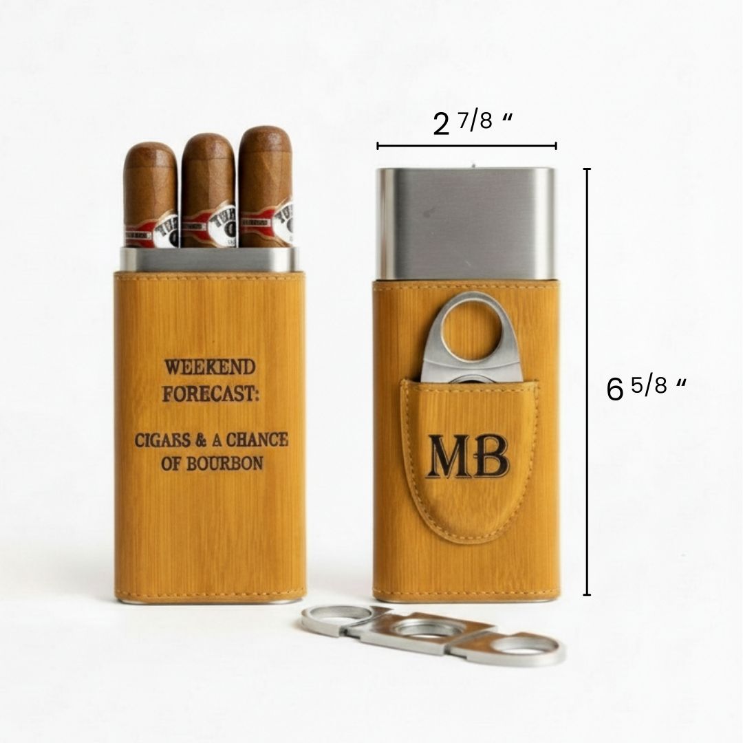 Tan leather cigar case with sample monogram "MB" and matching stainless steel cutter shown with dimensions and three cigars displayed above