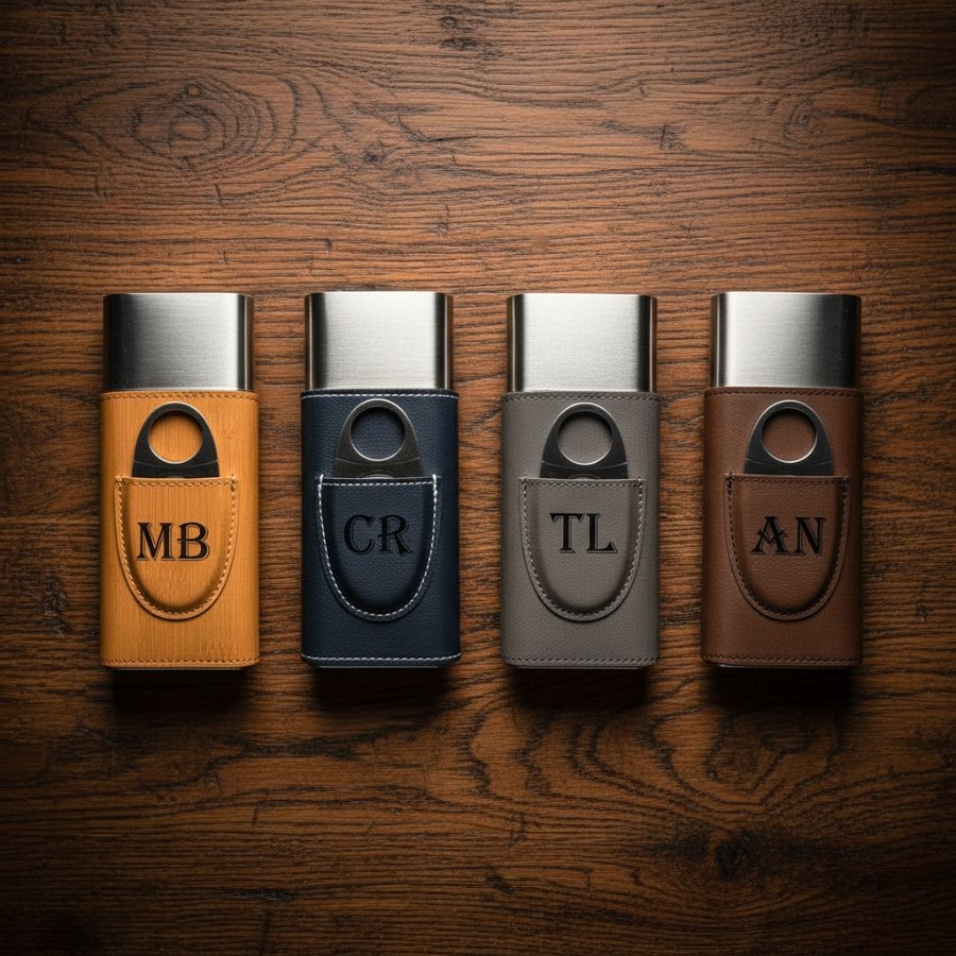 Four leather cigar cases with stainless steel tops in tan, navy, gray, and brown, each engraved with sample two-letter monograms (MB, CR, TL, AN) on oval leather patches.