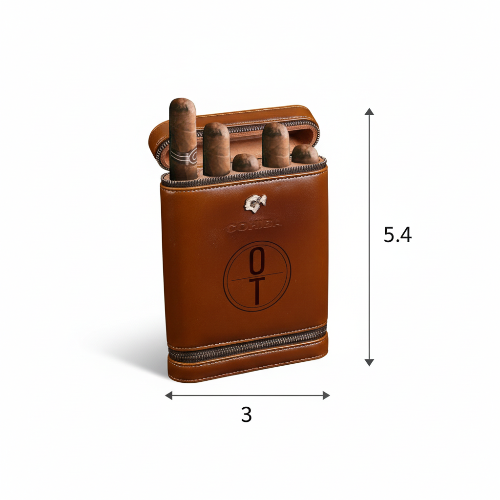 Cognac leather cigar travel case with sample initials "OT" engraved in circular design on front, holding five cigars, shown with dimensions 3 by 5.4 inches