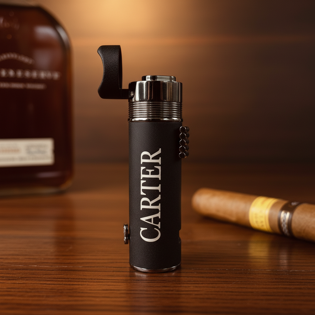 Black matte triple torch lighter with "CARTER" engraved vertically, silver-tone top, integrated punch and rest, displayed with cigar and whiskey bottle