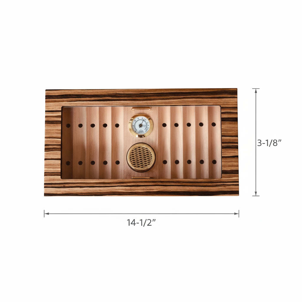 Desktop humidor with striped wood exterior and glass top, featuring integrated hygrometer and humidifier, measuring 14-1/2 inches wide by 3-1/8 inches tall