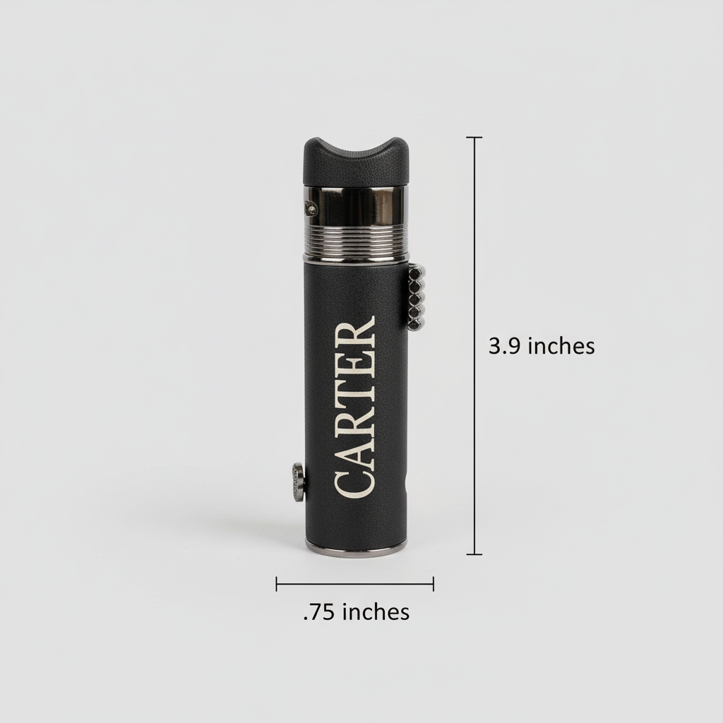 Black matte lighter with silver band, engraved with sample name "CARTER", showing dimensions of 3.9 inches height and 0.75 inches width, with torch ignition head and side controls visible