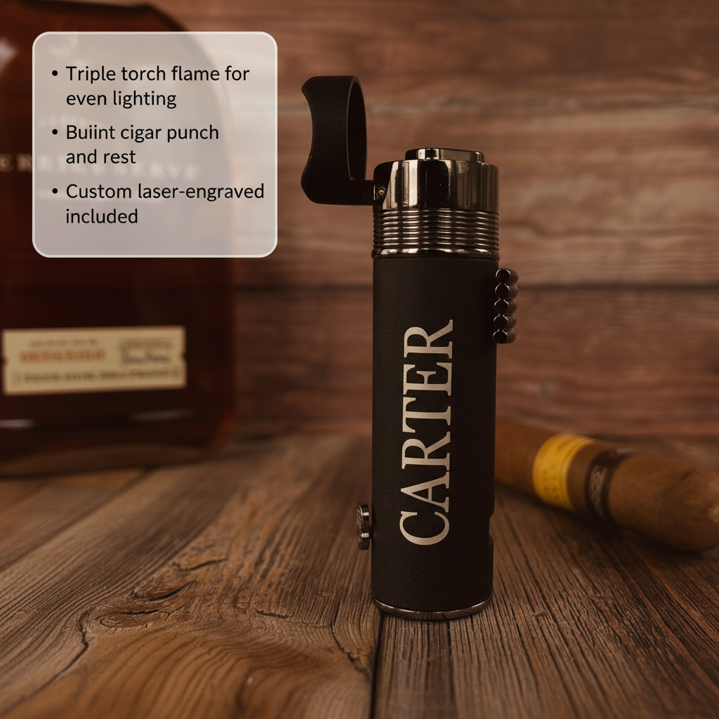 Black matte cigar lighter with sample engraving "CARTER" on barrel, triple torch head, and braided leather loop attachment on wooden surface