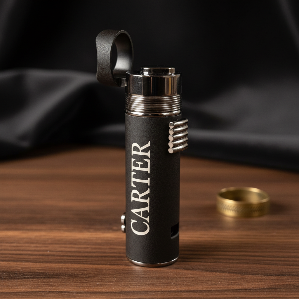 Black matte lighter with engraved sample name "CARTER" displayed on the front, chrome triple torch head, integrated cigar punch on side, and leather carry strap attached to top.