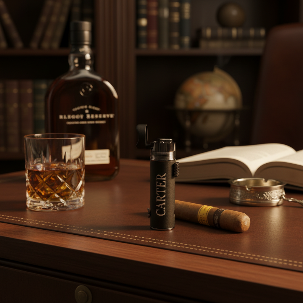 Black matte triple torch lighter engraved with sample text "CARTER" displayed on wooden desk with cigar, whiskey glass, and accessories
