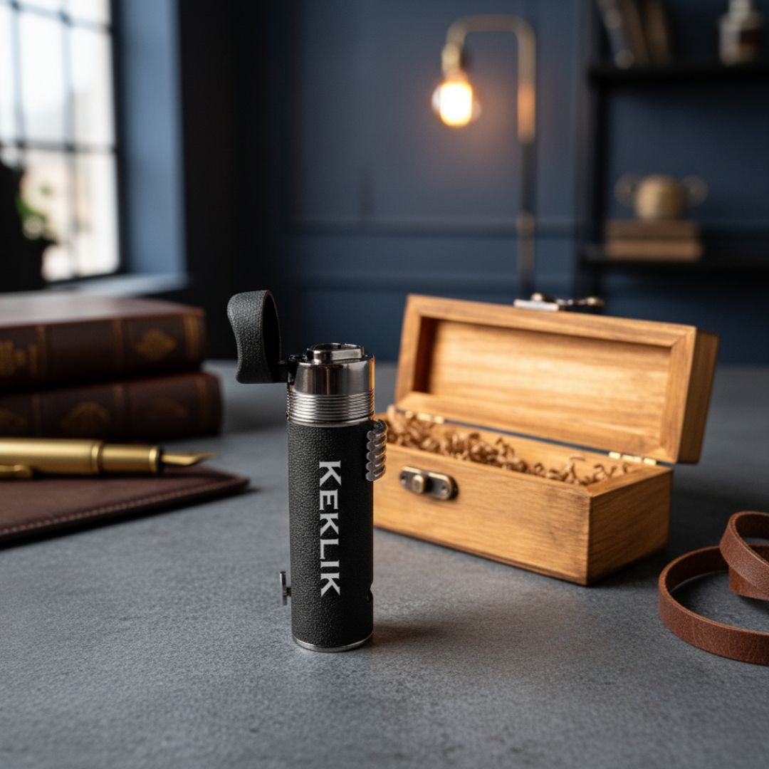 Black torch lighter engraved with sample monogram "KEKLIK" displayed on desktop with wooden cigar box and leather accessories