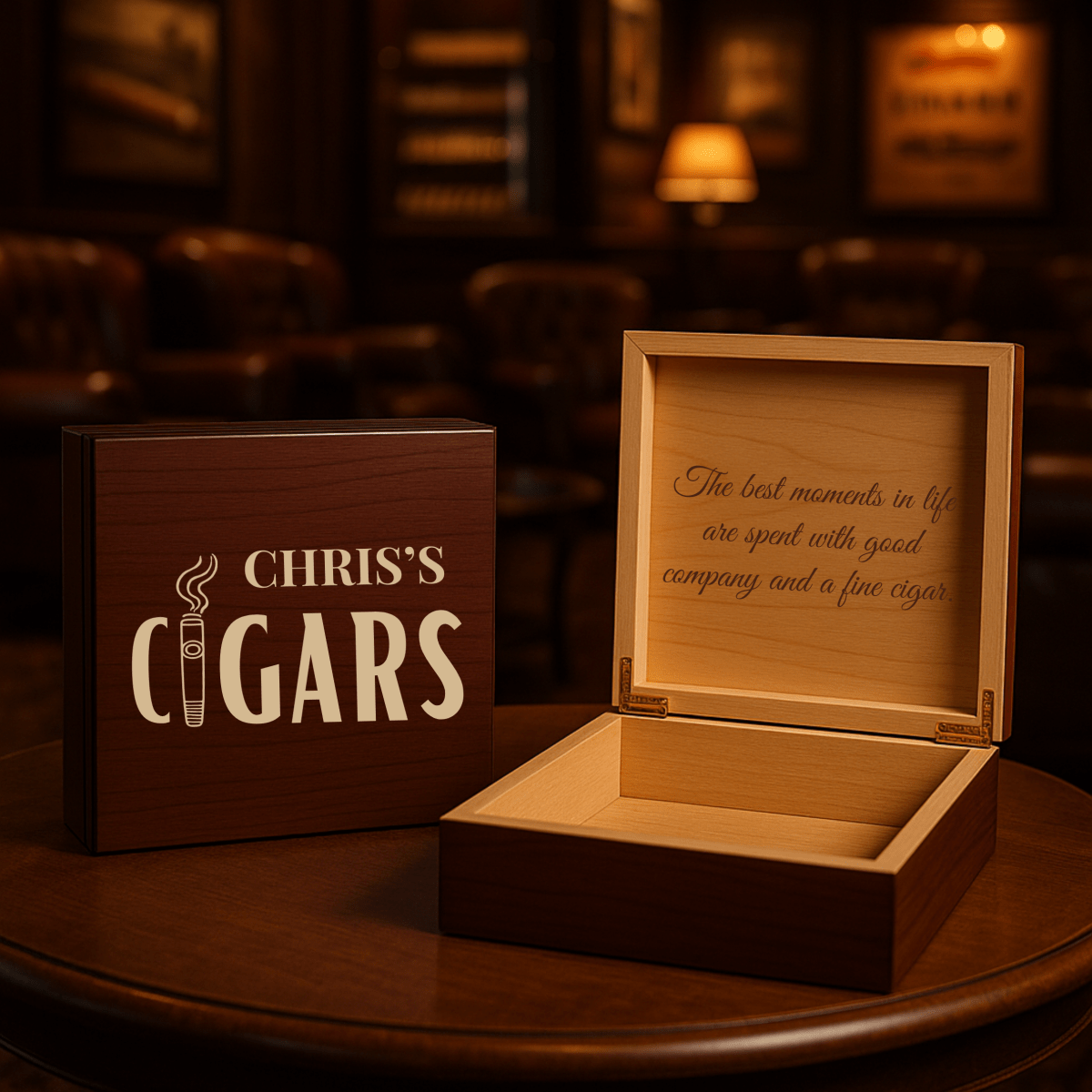 Personalized wooden cigar box with custom engraving, a personalized cigar gift engraved and shipped by Groovy Cigars