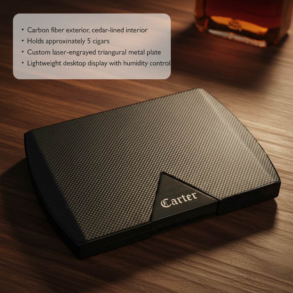 Carbon fiber desktop humidor with laser-engraved triangular metal nameplate reading "Carter," cedar-lined interior, holds approximately 5 cigars