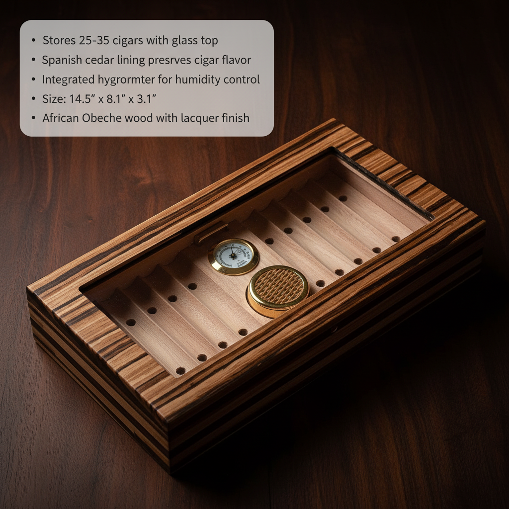 Open glass-top humidor with African Obeche wood exterior, cedar-lined interior showing cigar slots, integrated hygrometer, and gold-trimmed humidifier unit visible inside