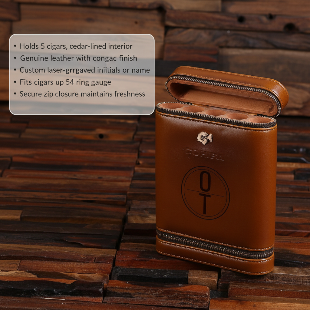 Cognac leather cigar case with open lid showing cedar-lined interior and five cigar slots, featuring laser-engraved sample monogram on front